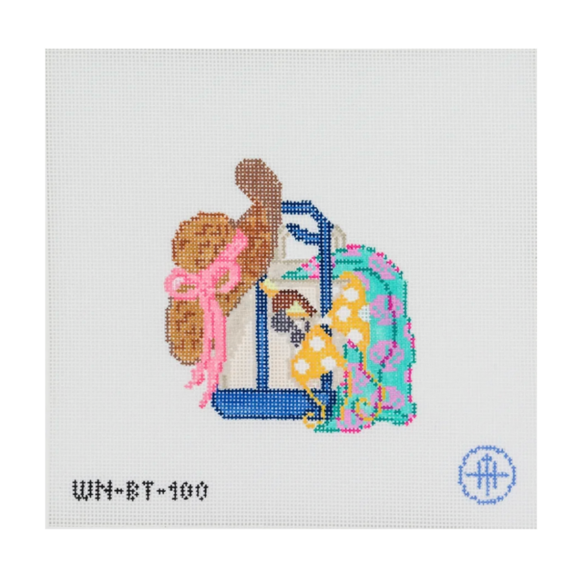 A needlepoint canvas featuring a pixelated design of a woman riding a bicycle with a brown dog on a blue frame, decorated with pink and yellow polka-dot accents. The canvas is white with the text 'WIN-BT-100' in the bottom-left corner and a blue circular logo in the bottom-right.