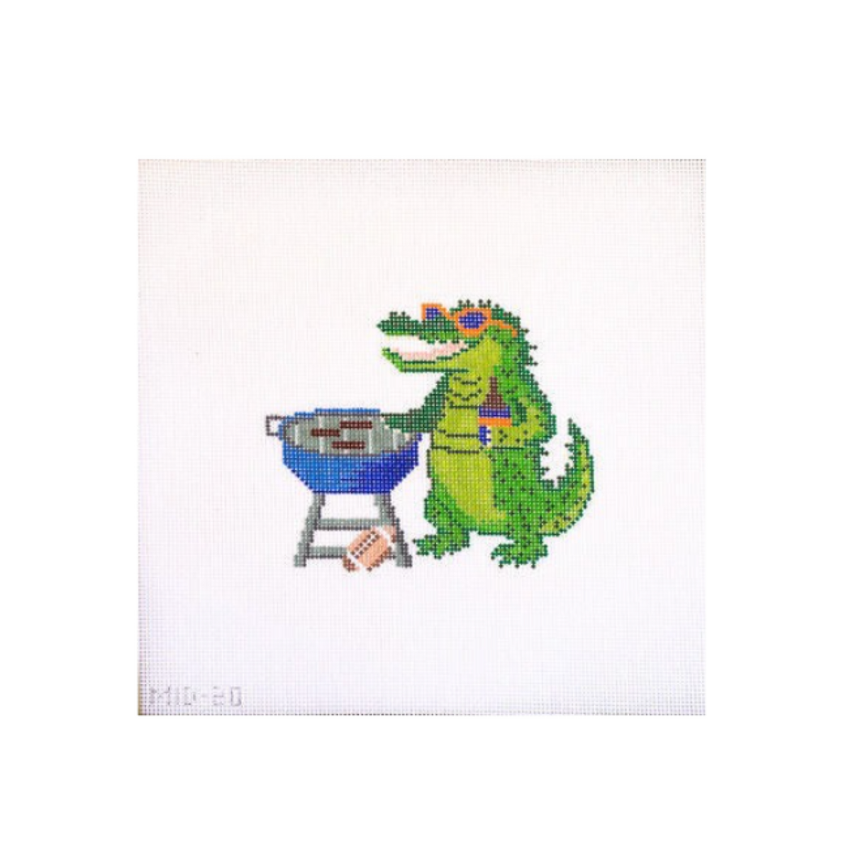 A square needlepoint canvas featuring a pixelated green alligator wearing blue sunglasses and holding a blue grill, set against a white canvas background.