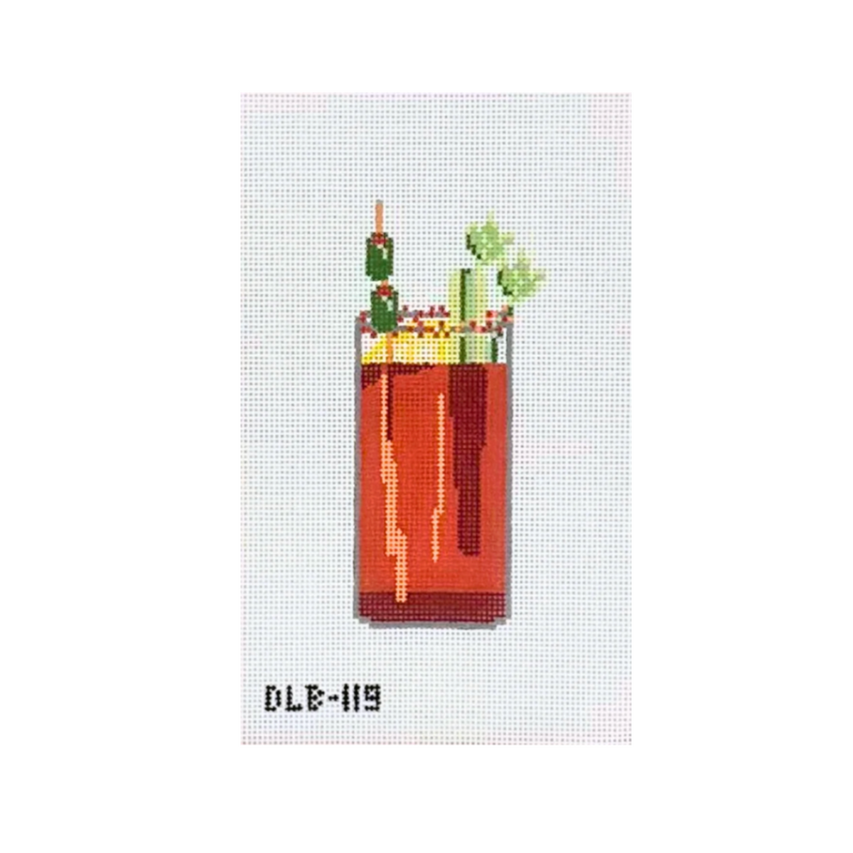 A needlepoint canvas featuring a pixelated, cross-stitch style illustration of a red cocktail with celery and a green garnish, on a white grid background with the code 'DLE-119' printed at the bottom.