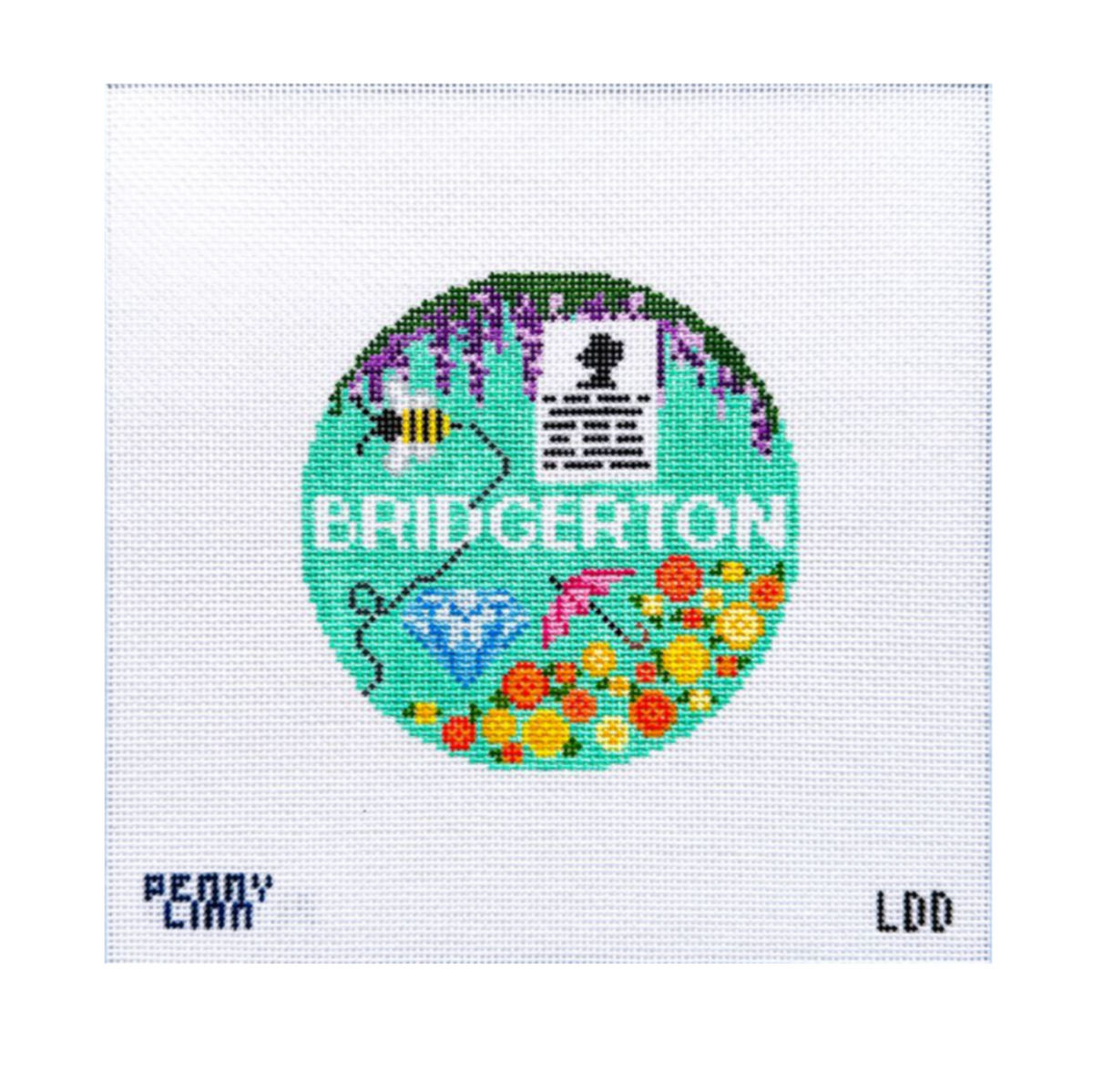 A square needlepoint canvas featuring a circular cross-stitch style design with the word BRIDGERTON, a bee, wisteria, flowers, a diamond, and a newspaper. The canvas has a white grid background and the text 'PEONY CARR' and 'LDD' printed at the bottom.