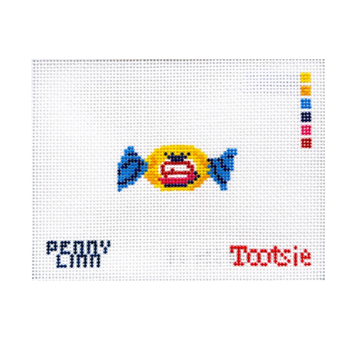 A cross-stitch style design on white fabric showing a yellow candy with blue wrappers and a red-and-white face, with the words 'PEONY Cinn' and 'Tootsie' stitched below, plus a vertical row of small colored squares on the right.