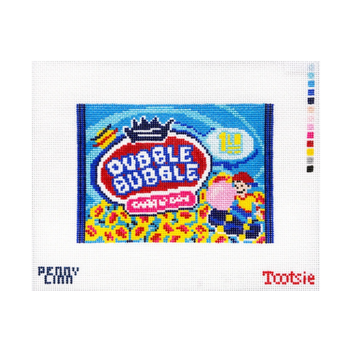 A needlepoint canvas featuring a colorful 'Dubble Bubble Cherry Lime Pie' design, with 'PEONY CANN' and 'Tootsie' branding printed on a white grid background.
