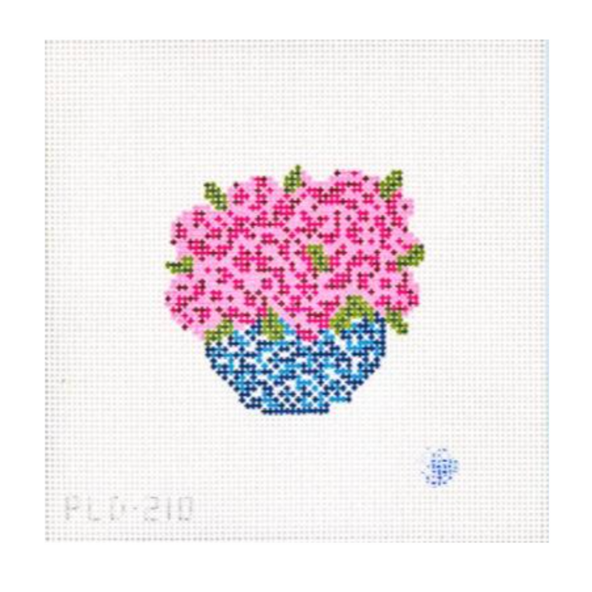 A needlepoint canvas featuring a pixelated design of pink flowers in a blue and white patterned vase with green leaves, on a white grid background.