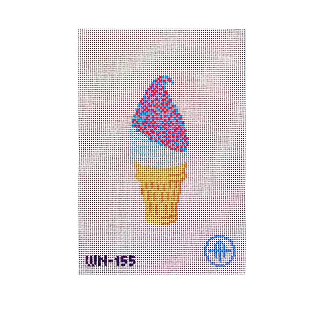 A needlepoint canvas featuring a pixelated ice cream cone design with a yellow waffle cone, light blue and red swirled ice cream, on a pale pink grid background with the text 'WN-155' and a blue logo.