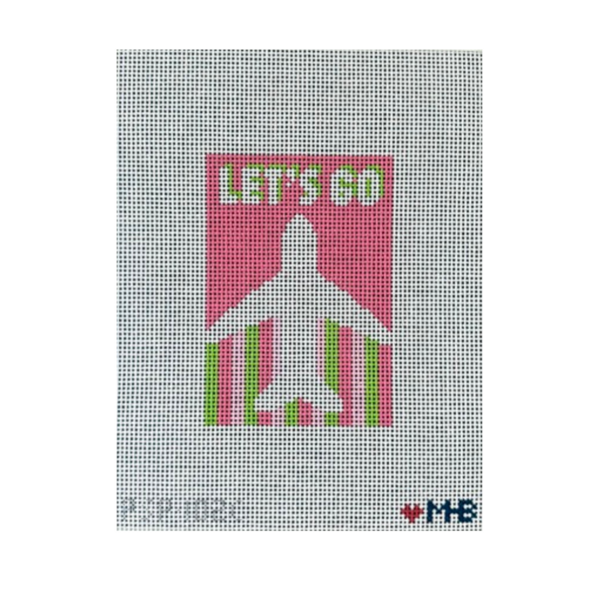 A needlepoint canvas featuring a pink and green graphic of an airplane with the text 'LET'S GO' on a white mesh grid background.