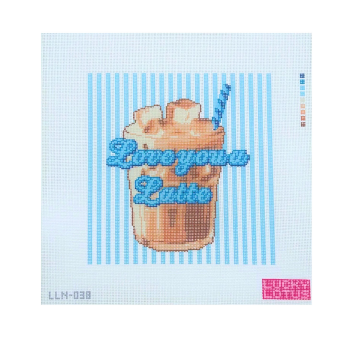 A cross-stitch pattern or canvas design featuring a cup of latte with whipped cream and a blue striped straw, centered on a light blue and white striped background. The words 'Love you Latte' are stitched in blue across the cup.