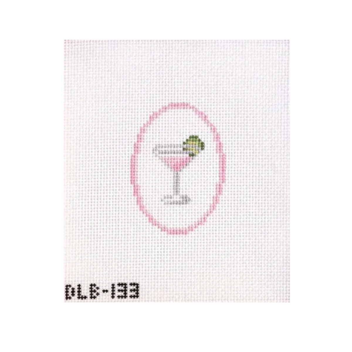 A small embroidered or printed cocktail motif on a white square canvas, with a pink oval outline, a martini glass, and a green olive garnish. The text 'DLE-133' appears below the design.