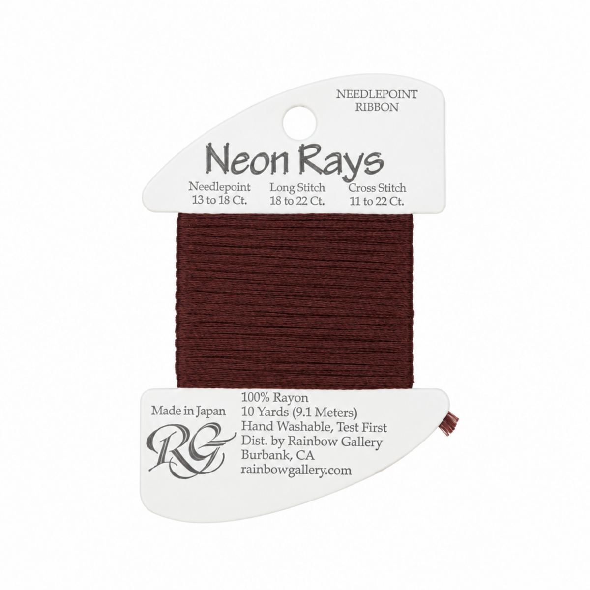 A single spool of Penny Linn Designs 'Neon Rays' needlepoint ribbon in a dark brown color, displayed on its white paper label against a white background with a repeating brand watermark.