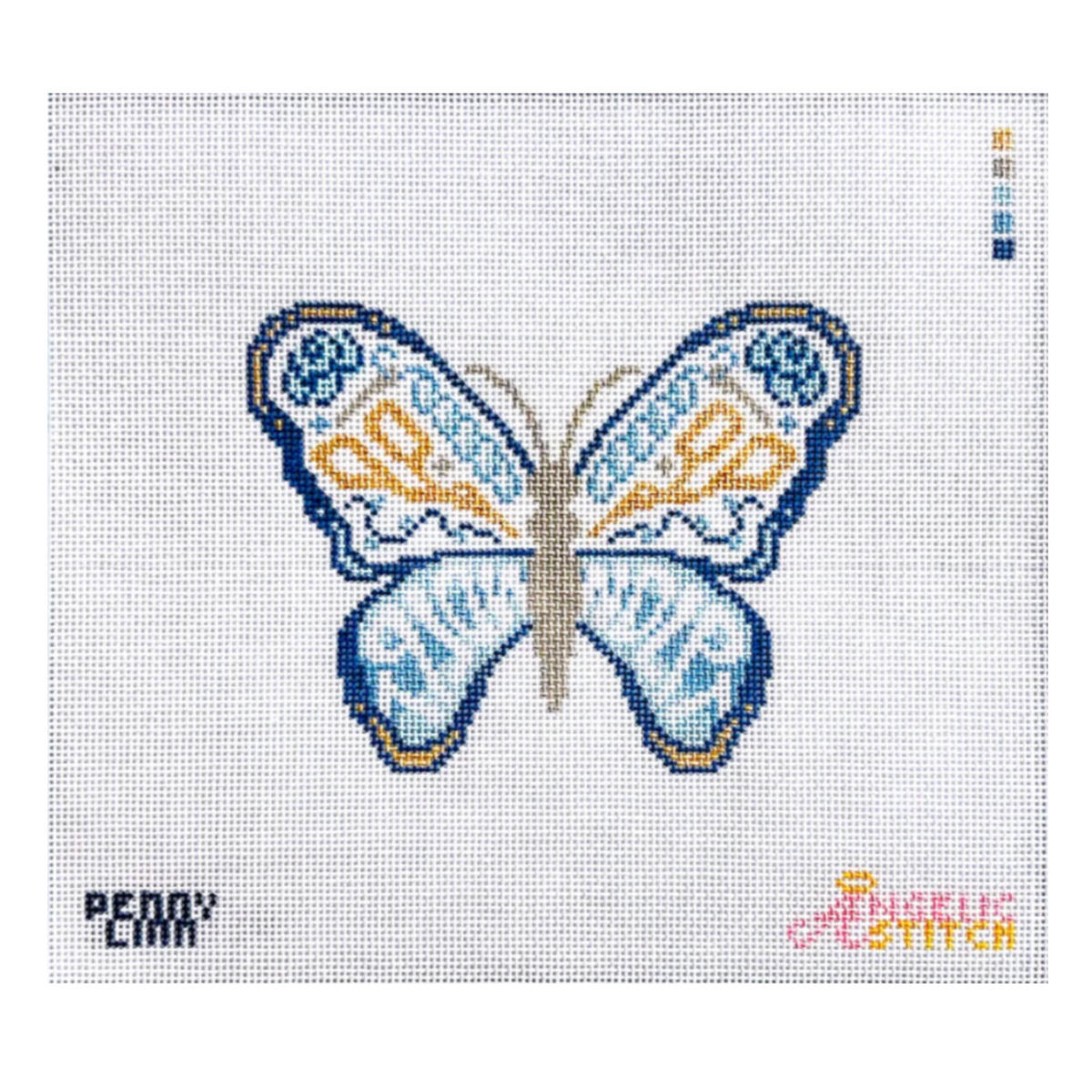 A needlepoint canvas featuring a stylized butterfly design stitched on a white grid background. The butterfly has blue outer wings, light blue inner wings, and orange accents.