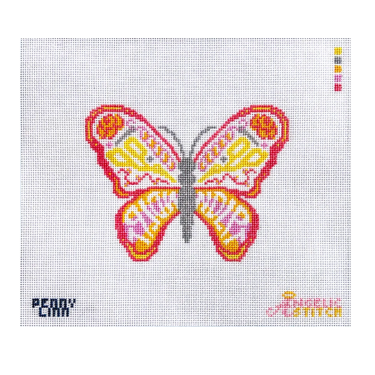 A needlepoint canvas featuring a colorful embroidered butterfly design on a white grid background. The butterfly has red, orange, yellow, and pink patterns with a gray body and wings.