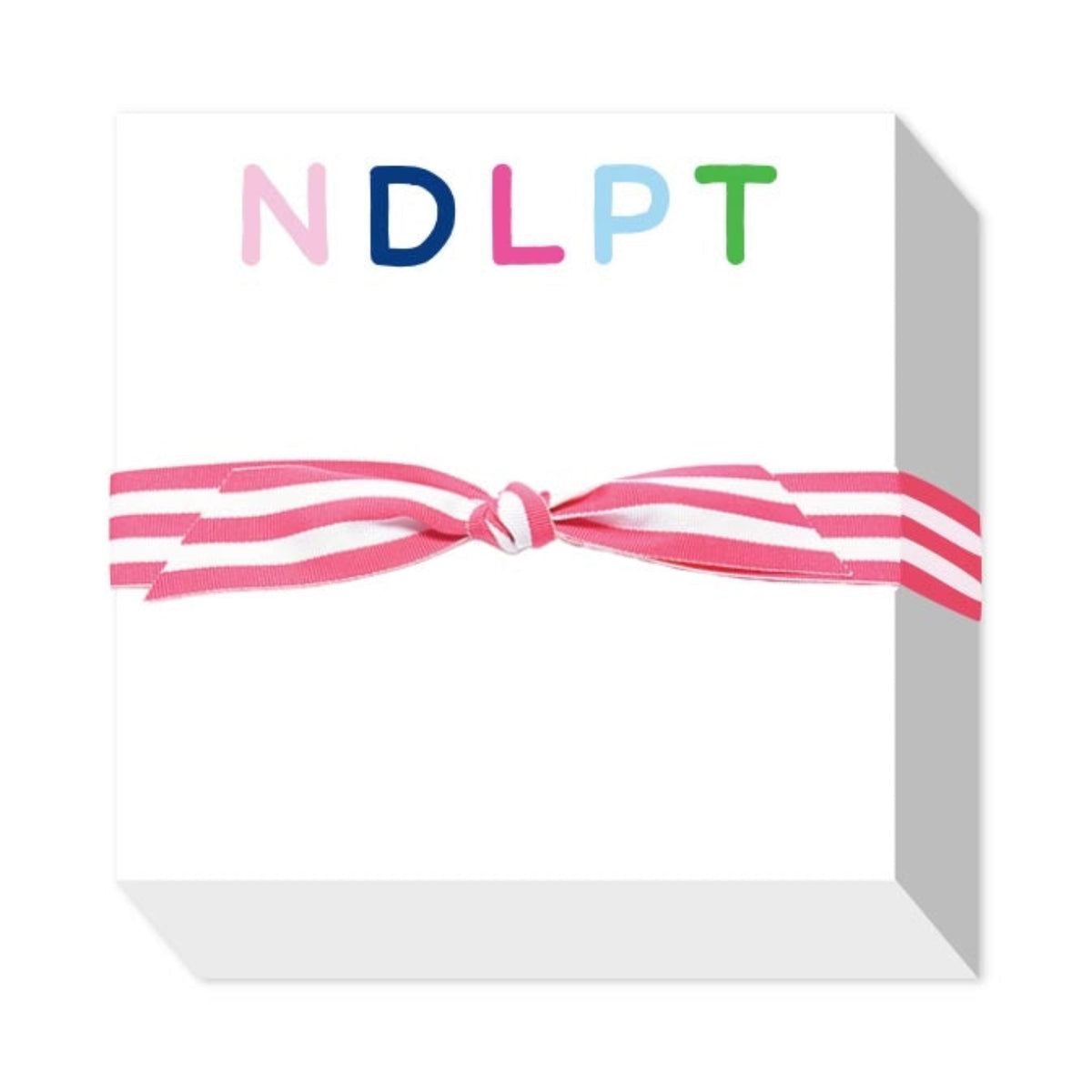 A white square gift box or package with the colorful letters 'NDLPT' printed across the top and tied with a pink and white striped ribbon in the center, shown on a white background.