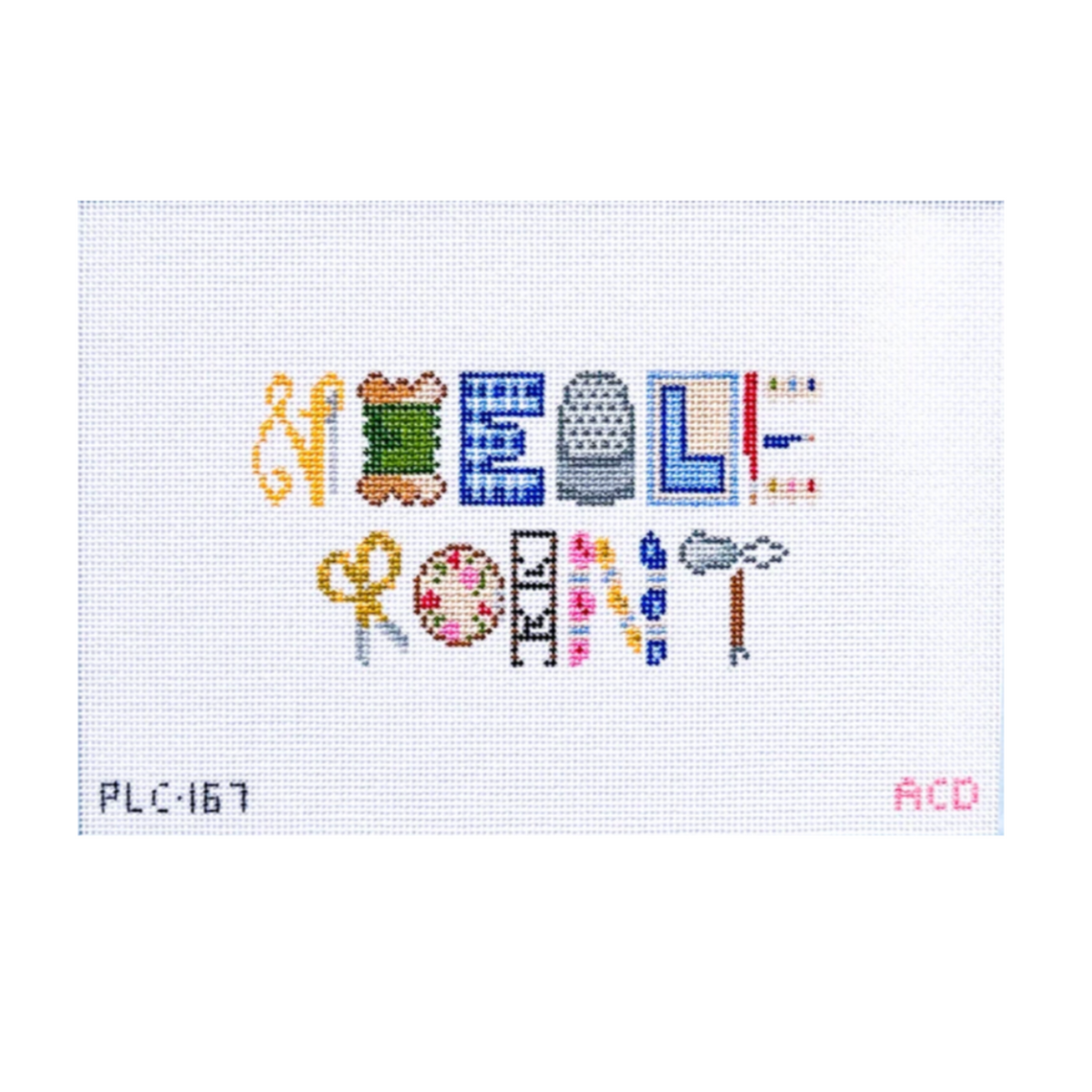 A square white needlepoint canvas featuring the word 'Needlepoint' spelled out in colorful embroidered-style symbols across two rows, with small alphanumeric markings in the lower corners.