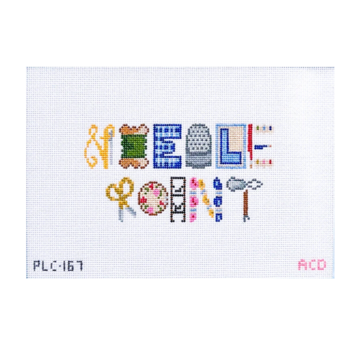 A square white needlepoint canvas featuring the word 'Needlepoint' spelled out in colorful embroidered-style symbols across two rows, with small alphanumeric markings in the lower corners.