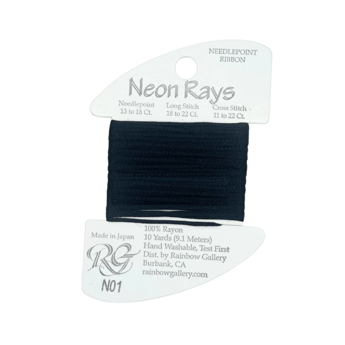 A spool of neon black needlepoint ribbon from Rainbow Gallery, labeled 'Neon Rays N01'. The spool is mounted on a white cardboard hanger with product specifications and branding printed on it.