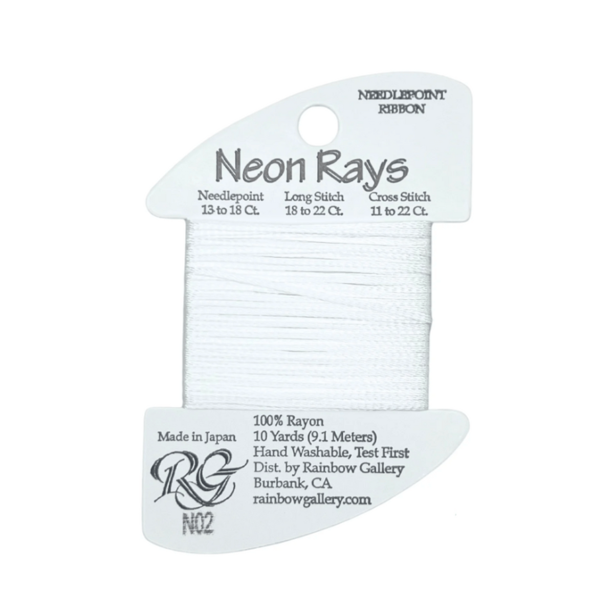 A spool of white needlepoint thread labeled 'Neon Rays' by Rainbow Gallery, shown on a plain white background.