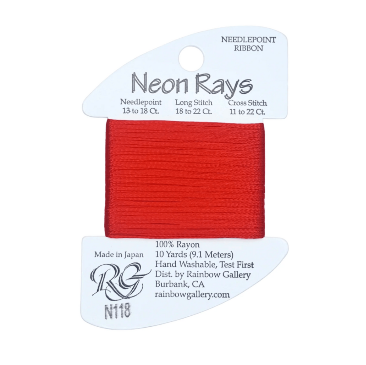 A spool of needlepoint ribbon in the shade 'Neon Rays' by Rainbow Gallery, featuring a bright red ribbon wound around a white plastic spool with printed product details.