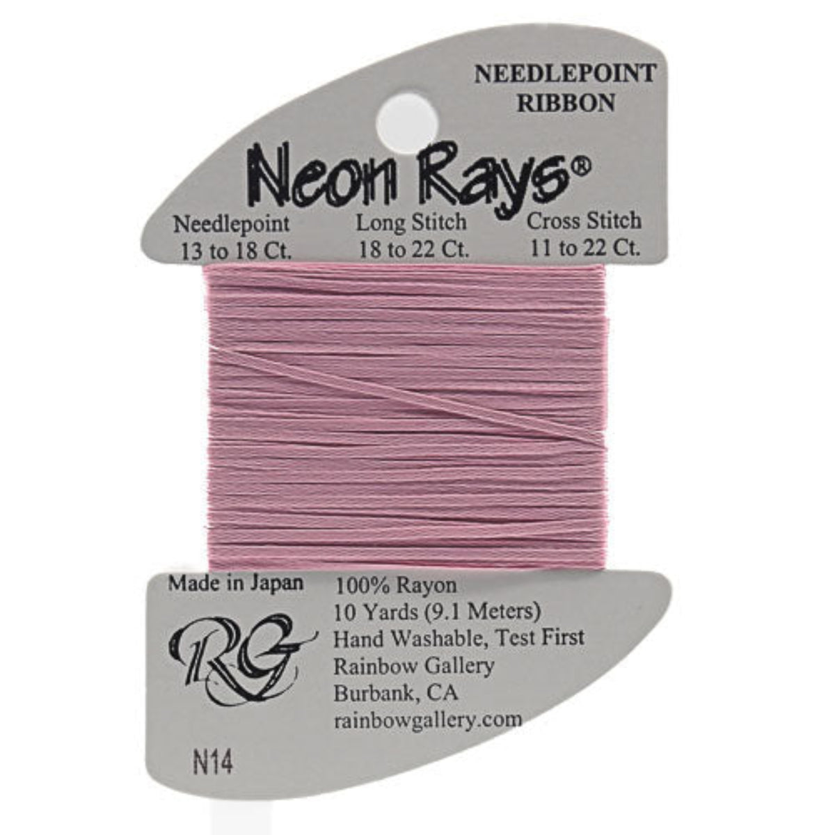 Neon Rays needlepoint ribbon on a gray card with product details.