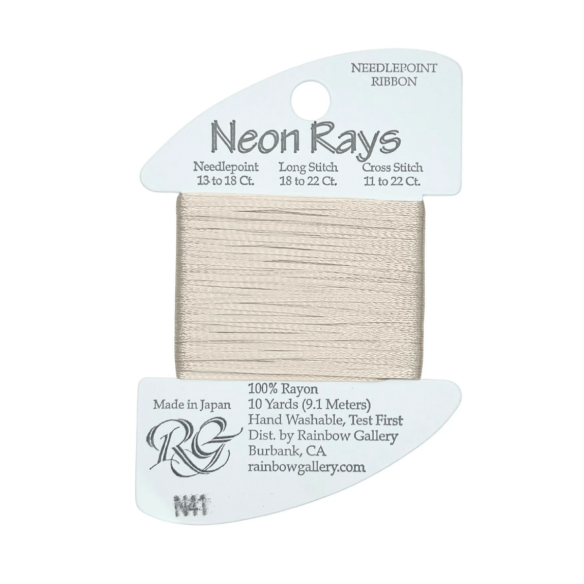 A spool of Needlepoint Ribbon in the 'Neon Rays' colorway by Rainbow Gallery, featuring a light beige thread wound around a clear spool with white paper hangers on a white background.