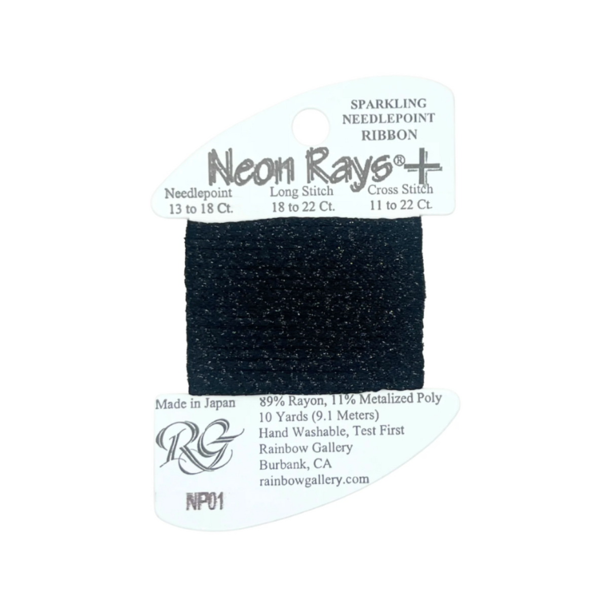 A single spool of Neon Rays+ Sparkling Needlepoint Ribbon in a dark navy blue color, mounted on its original white paper hanger card with product specifications and branding.