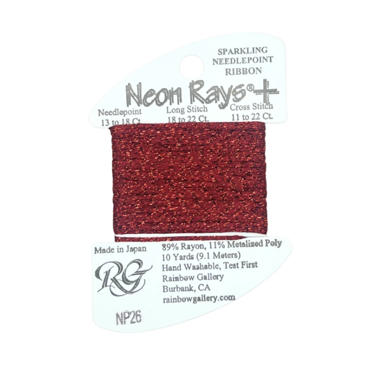A package of Rainbow Gallery Neon Rays+ Needlepoint Ribbon in a metallic burgundy red color, shown on its white cardboard backing card.