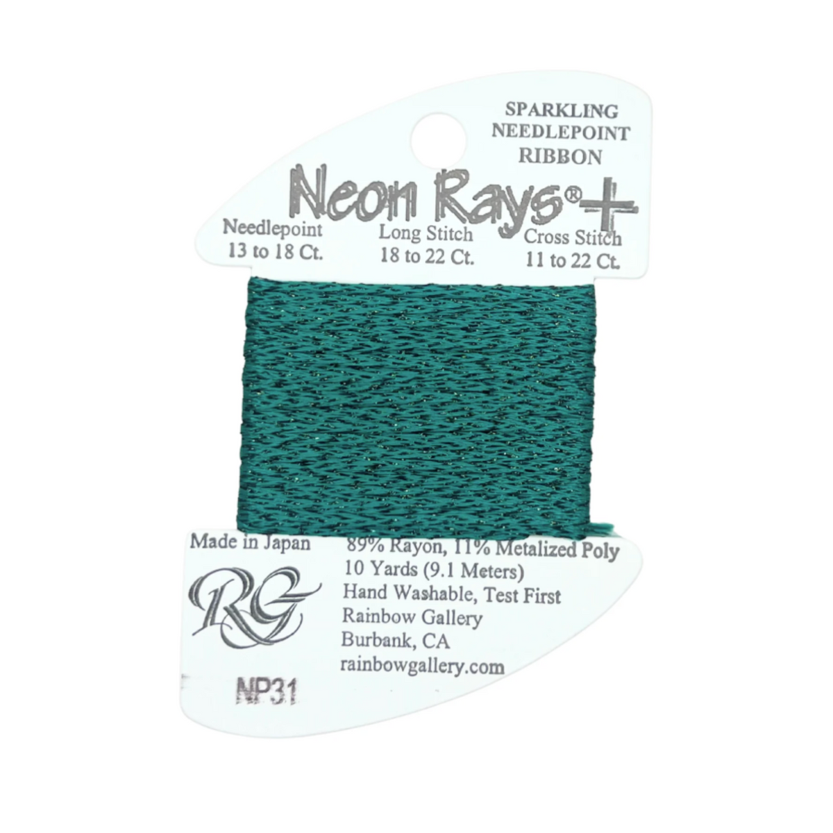 A 10-yard spool of Neon Rays+ Sparkling Needlepoint Ribbon in a deep teal green color, mounted on its original white cardboard hanger with product details printed on it.