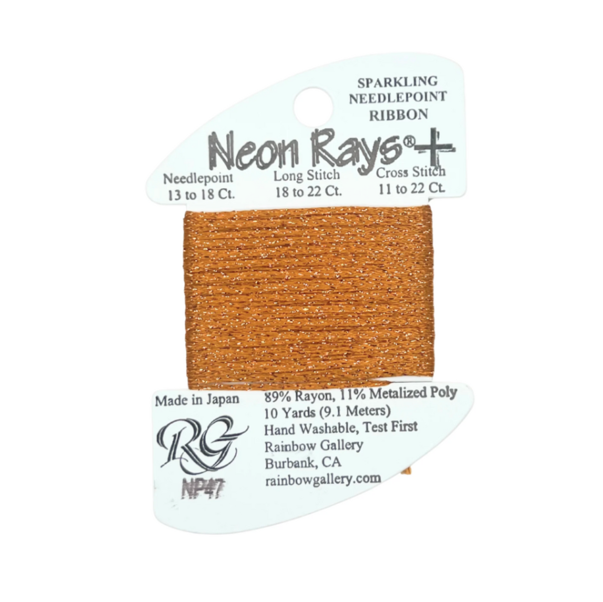 A single spool of Rainbow Studio RS-417 Neon Rays+ sparkle needlepoint ribbon in a metallic copper-orange color, mounted on a white cardboard hanger with product details printed on it.