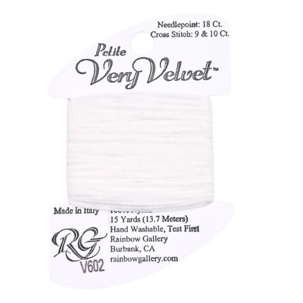 A spool of white thread labeled 'Petite Very Velvet' with product details printed on the card, shown on a plain white background.