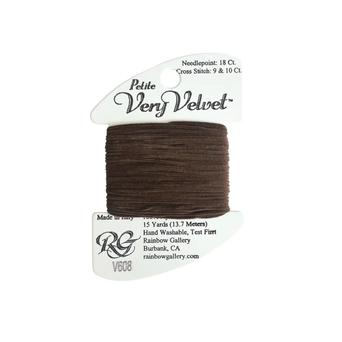 A spool of dark brown thread in a white plastic hanger package labeled 'Petite Very Velvet' with needlepoint and cross stitch counts and Rainbow Gallery branding.