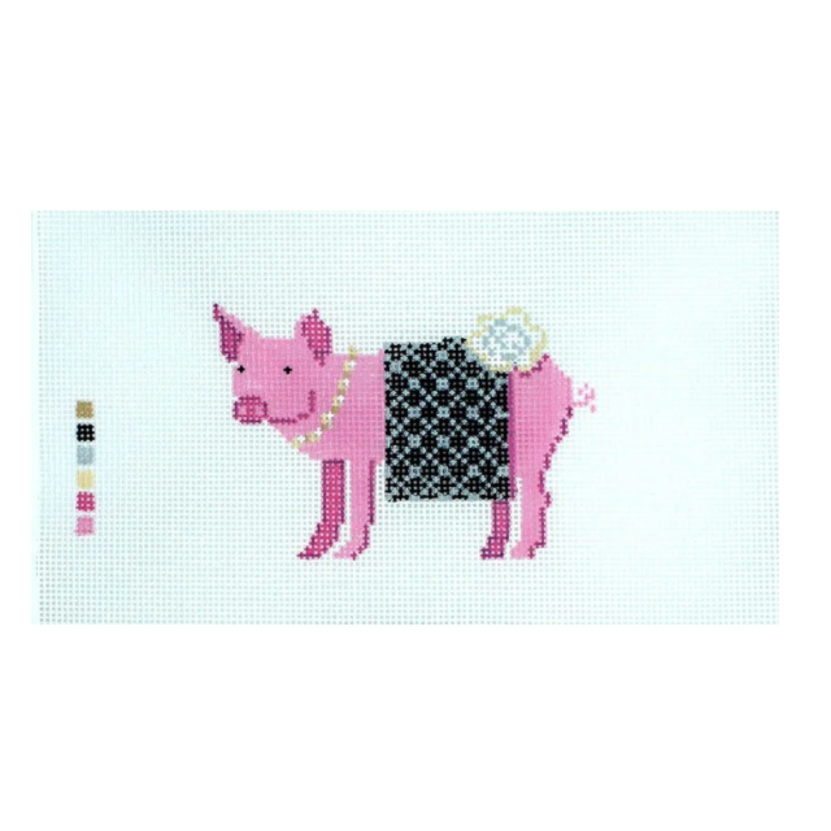 A cross-stitch style illustration of a pink pig wearing a black-and-white patterned saddlebag and a pearl necklace, centered on a white canvas with a small vertical color swatch strip on the left.