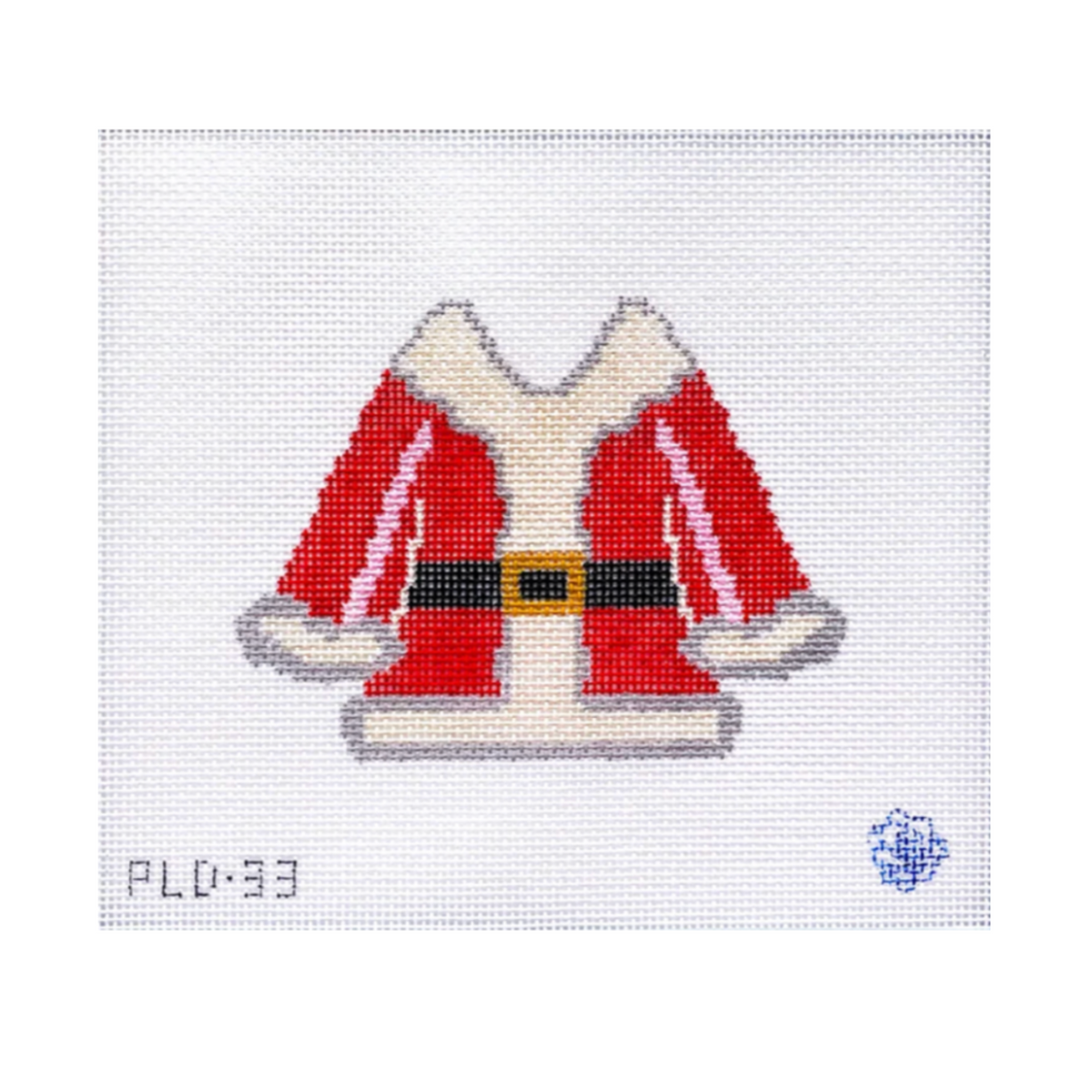 A needlepoint canvas featuring a stylized Santa Claus coat design in red, white, black, and gold, with the code 'PLD-33' in the bottom left and a blue logo in the bottom right on a white grid background.