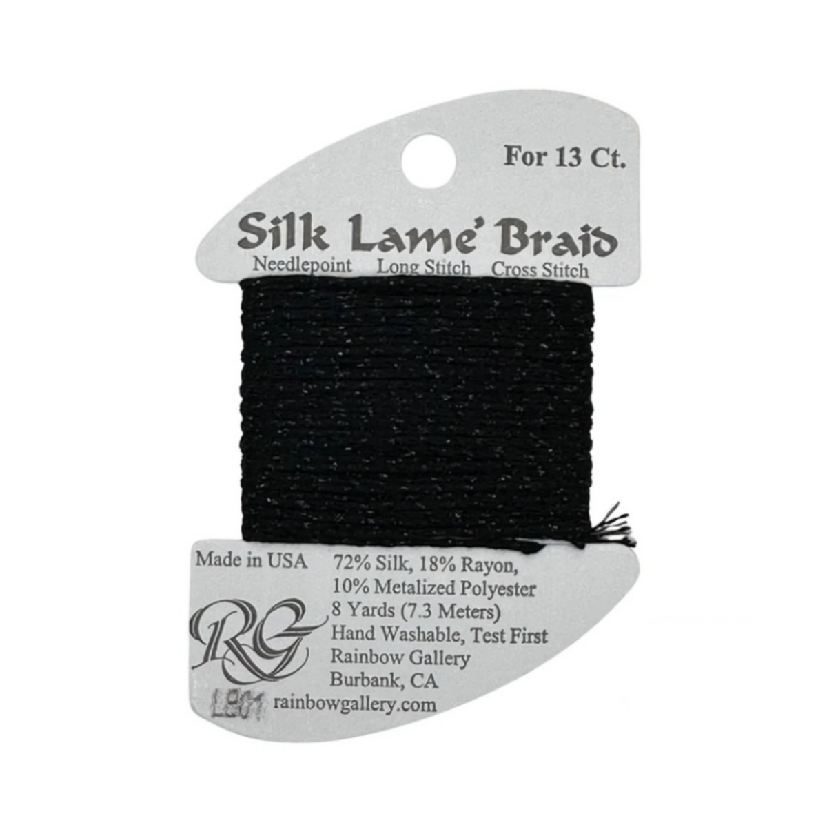 A spool of black Silk Lame Braids for needlepoint, shown on its original white cardboard packaging against a white background.