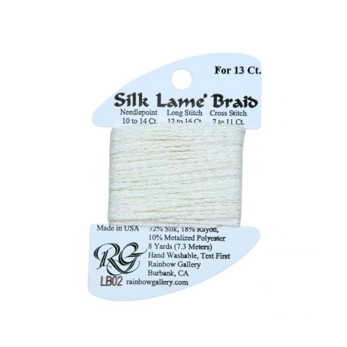 A spool of Silk Lame' Braido needlepoint thread in a light cream/off-white color, mounted on a light blue cardboard header card with product details and the Rainbow Gallery logo.