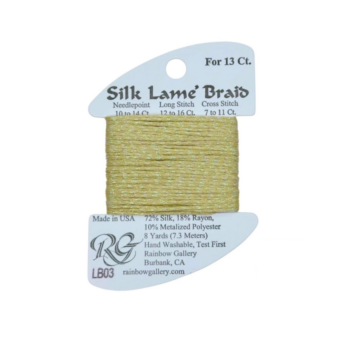 A spool of Rainbow Gallery Silk Lame' Braid embroidery thread in a pale yellow-gold shade, mounted on a white paper header card with product details.