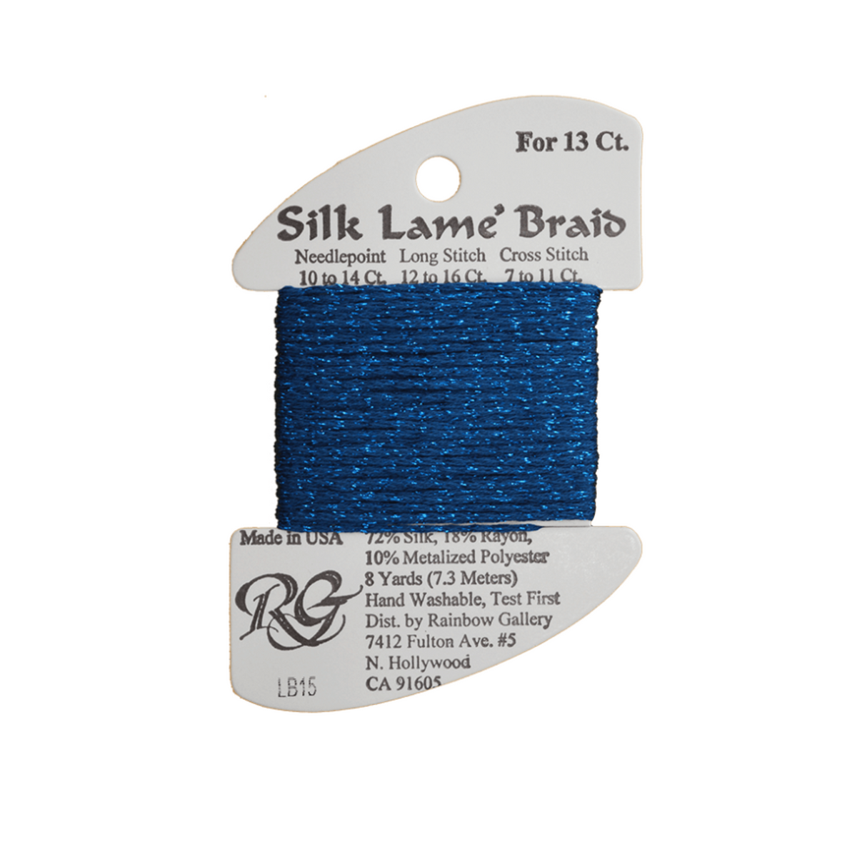 A spool of Rainbow Gallery Silk Lame Braid needlepoint thread in a vibrant blue color, mounted on a white plastic hanger card with product specifications printed on it.
