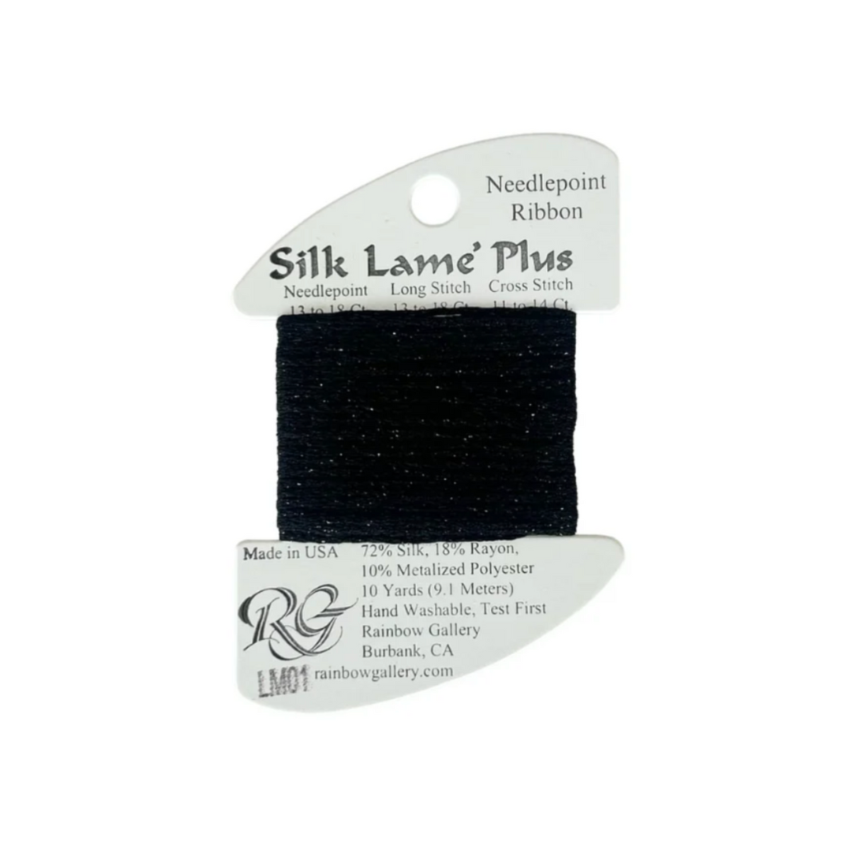 A spool of Rainbow Gallery Silk Lame Plus Needlepoint Ribbon in black, shown on its original white cardboard hanger against a plain white background.