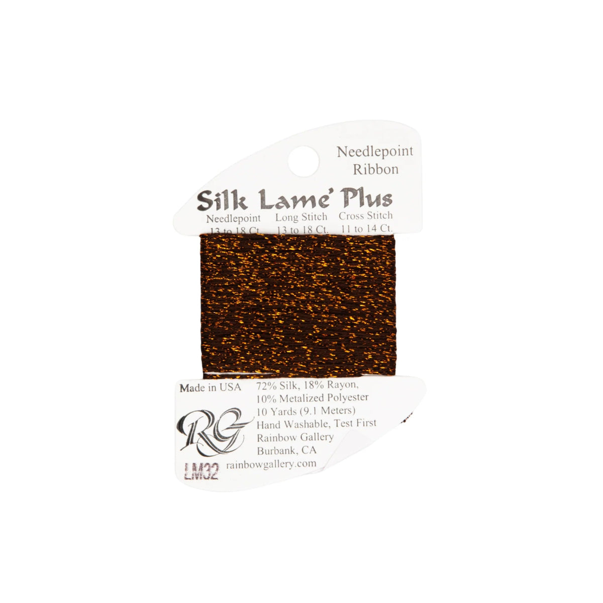 Silk Lame' Plus needlepoint ribbon sample with brand logo on a white background