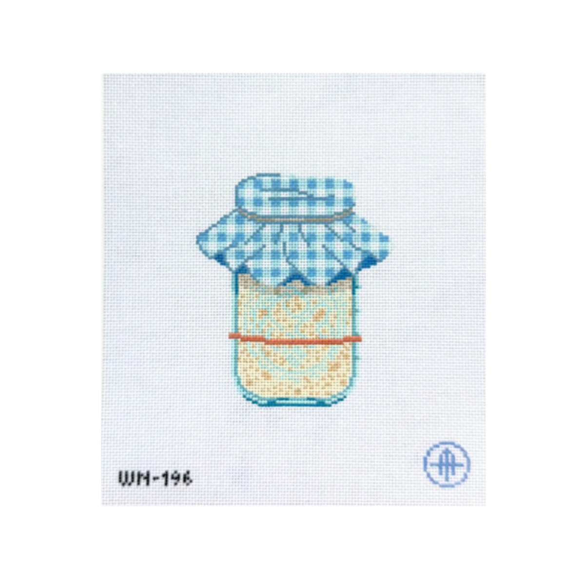 A needlepoint canvas featuring a cross-stitch style illustration of a glass jar filled with yellow-orange jam, topped with a blue and white gingham cloth lid, on a white canvas background with the code WM-196 in the lower left.