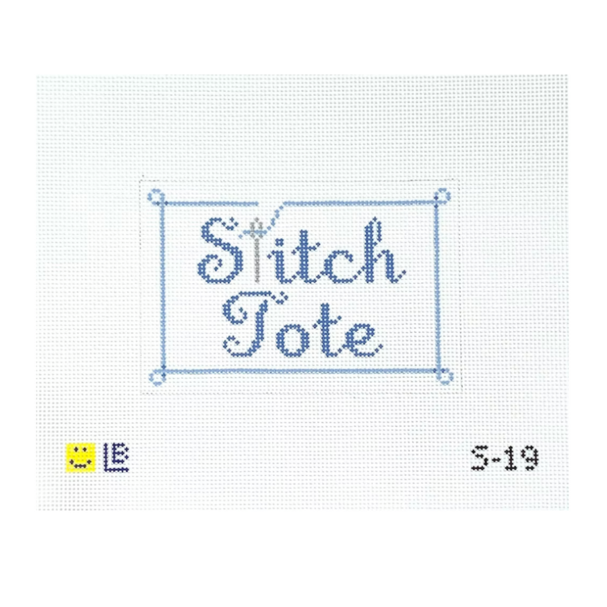 A needlepoint canvas design featuring the words 'Stitch Tote' stitched in blue script inside a rectangular border with corner markers, shown on a white grid background with a small yellow smiley face and the date '5-19' at the bottom.