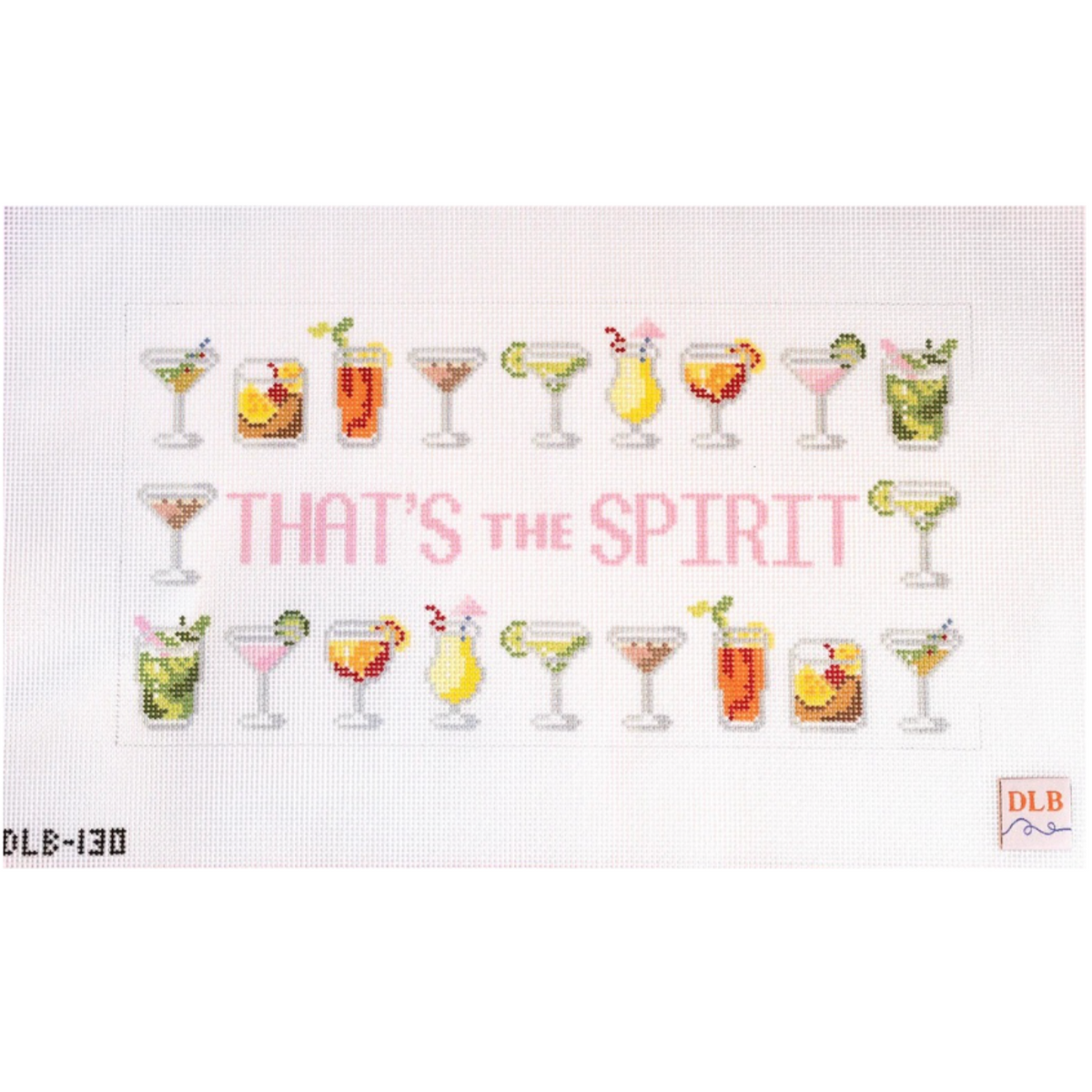 A rectangular printed card or small sign with a white background featuring illustrated cocktail glasses and the phrase “THAT’S THE SPIRIT” in pink. The product appears centered on a light gray background, with small text “DLB-130” at lower left and a small DLB logo at lower right.
