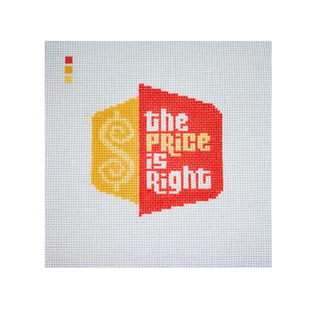 A square canvas print featuring a cross-stitch style design with the text 'the PRICE is RIGHT' in white on a red panel, alongside a yellow dollar-sign motif on a light gray fabric background.