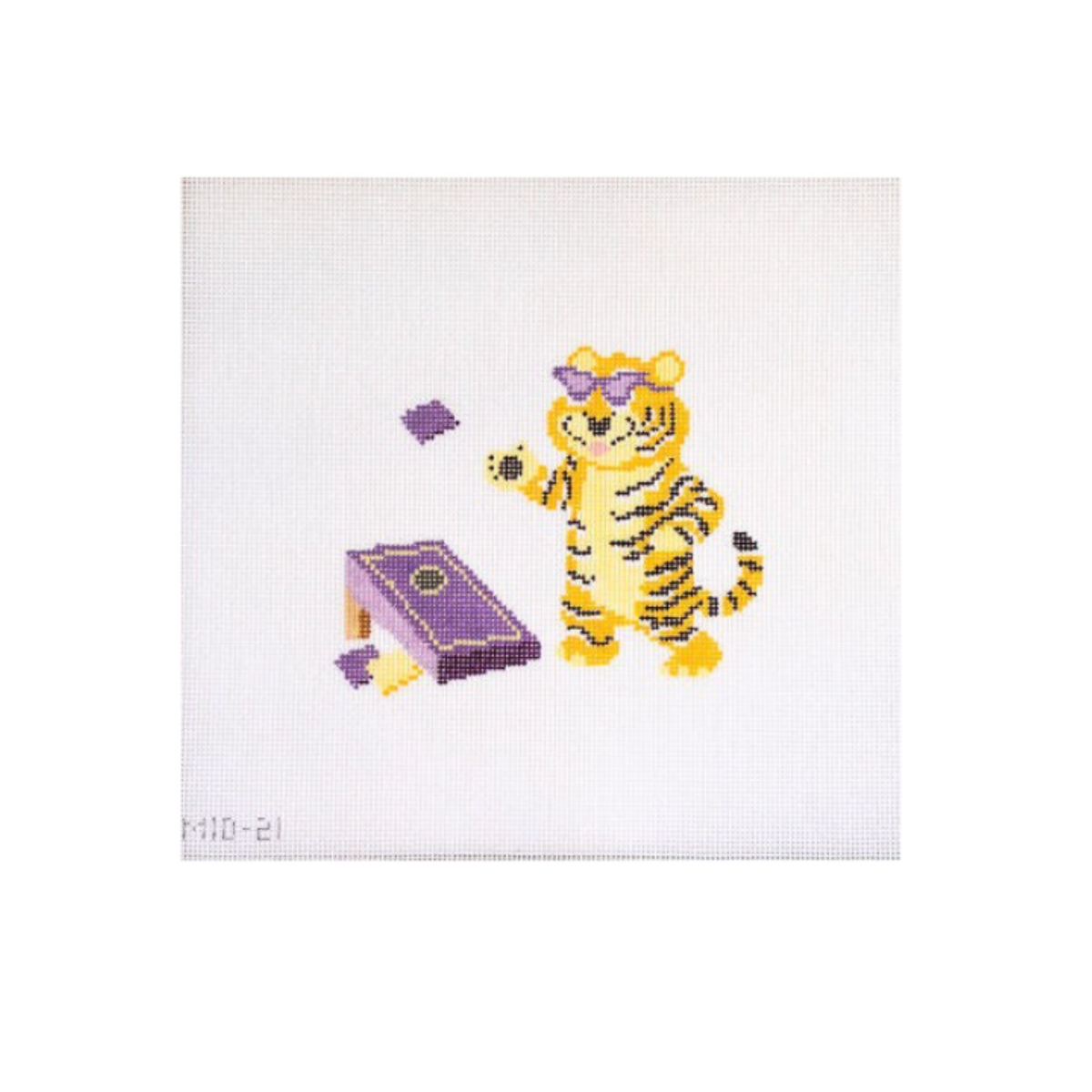 A square canvas or print featuring a pixel-art style yellow tiger wearing purple sunglasses, standing beside a purple game board and throwing a purple tile. The artwork is centered on a white background with a small code 'M10-21' in the lower left corner.