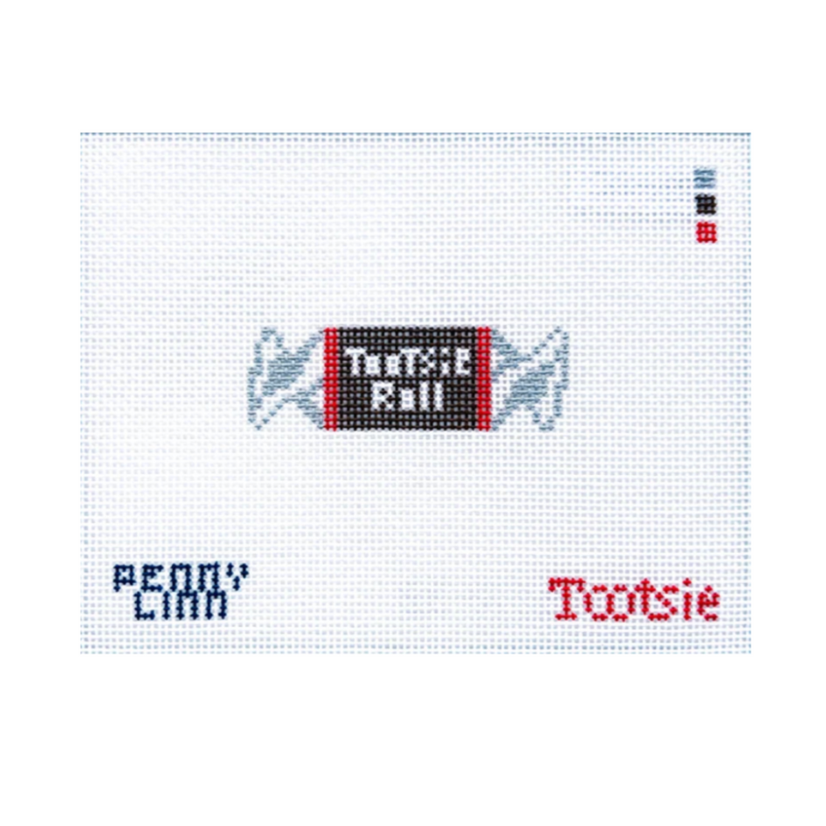 A square cross-stitch style design on a white fabric background, featuring a central black-and-red candy bar with white text reading 'Tootsie Ball,' blue text reading 'PEONY CINN' on the lower left, and red text reading 'Tootsie' on the lower right.