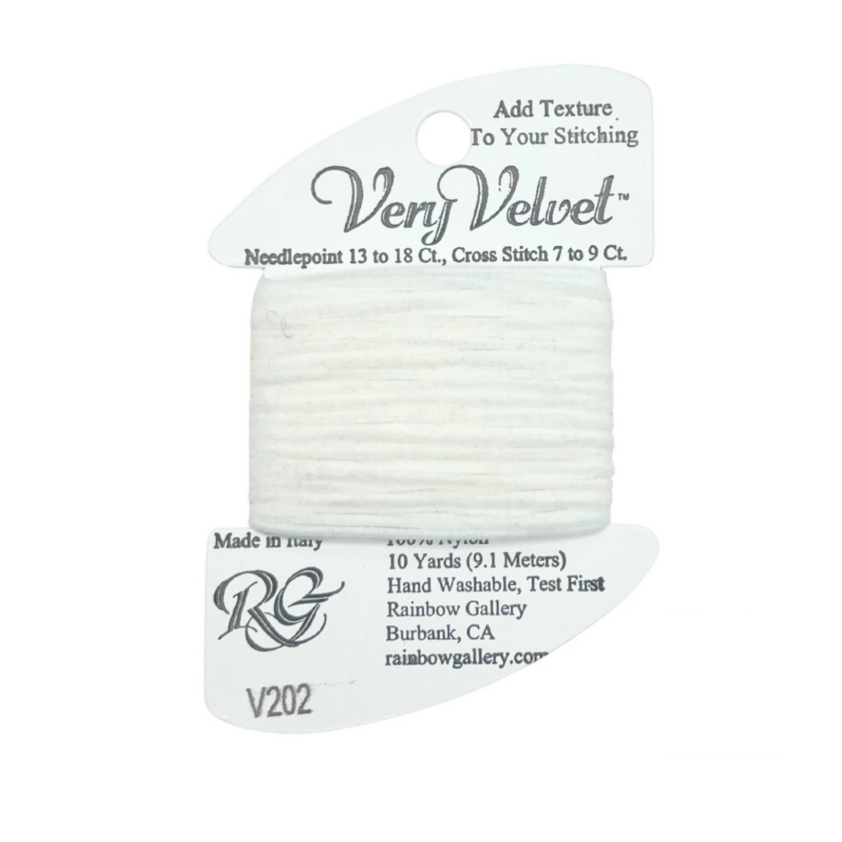 A spool of white embroidery thread wrapped on a white paper header card, with the brand name Very Velvet visible at the top.
