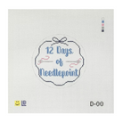 A needlepoint canvas design sheet featuring the text '12 Days of Needlepoint' stitched in blue and pink within a scalloped circular frame, on a white mesh background with small color swatches and code markings.