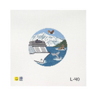 A circular cross-stitch style design on a white canvas background, featuring a cruise ship on blue water with a snowy mountain, a bird, and a whale. Small text at the bottom reads 'L-40' with a small yellow smiley and blue letter mark on the left.
