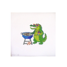 A square needlepoint canvas featuring a pixelated green alligator wearing blue sunglasses and holding a blue grill, set against a white canvas background.