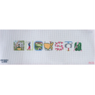 A needlepoint canvas featuring the word 'AUGUSTA' spelled out with various golf-themed illustrations, including a clubhouse, golfer, golf ball, course, eagle, flag, and cactus. The brand 'Perry Lawn' is printed in the bottom-left corner, and 'ACD' is printed in the bottom-right.