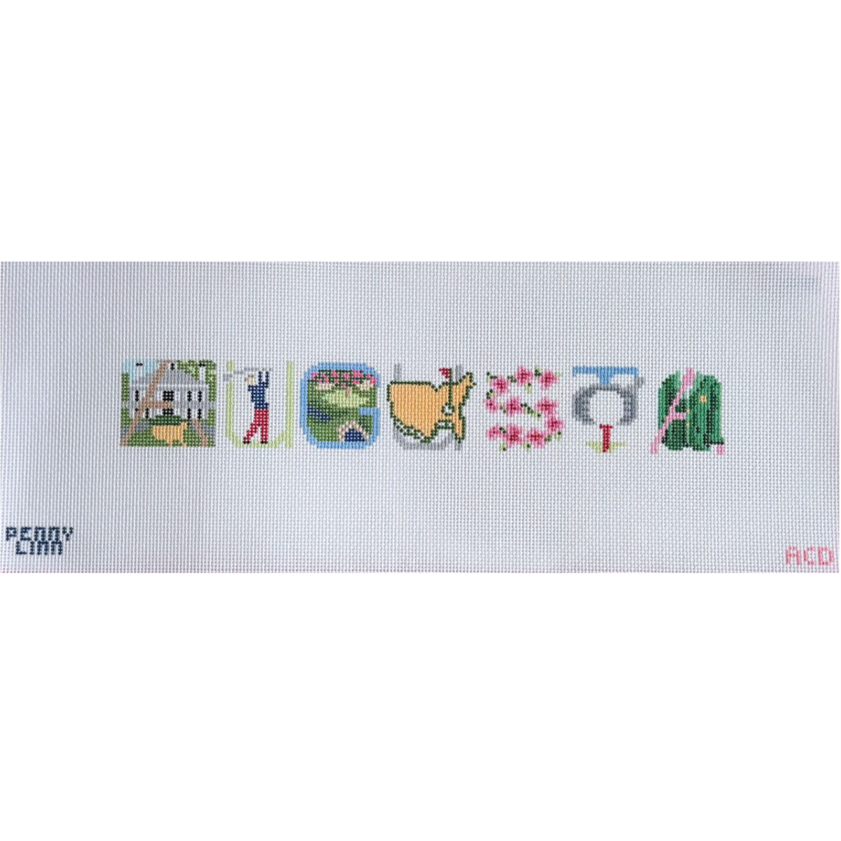 A needlepoint canvas featuring the word 'AUGUSTA' spelled out with various golf-themed illustrations, including a clubhouse, golfer, golf ball, course, eagle, flag, and cactus. The brand 'Perry Lawn' is printed in the bottom-left corner, and 'ACD' is printed in the bottom-right.