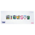 A needlepoint canvas featuring the word 'AUGUSTA' spelled out in colorful cross-stitched letter designs, with 'PENNY LEE' in blue at bottom left and 'ACD' in pink at bottom right, on a white background.