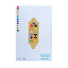 A needlework canvas design featuring a stylized corn cob with colorful seed details, on a light blue grid background with a vertical color palette strip and the text 'needle mouth' at the bottom right.